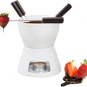 Premium Tea Light Porcelain Melting Pot 4 forks for Cheese, Chocolate and Tapas